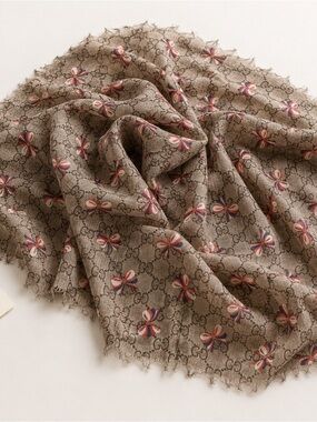 Gucci Beige Brown Monogram Shawl with Red White Blue Bow Accents